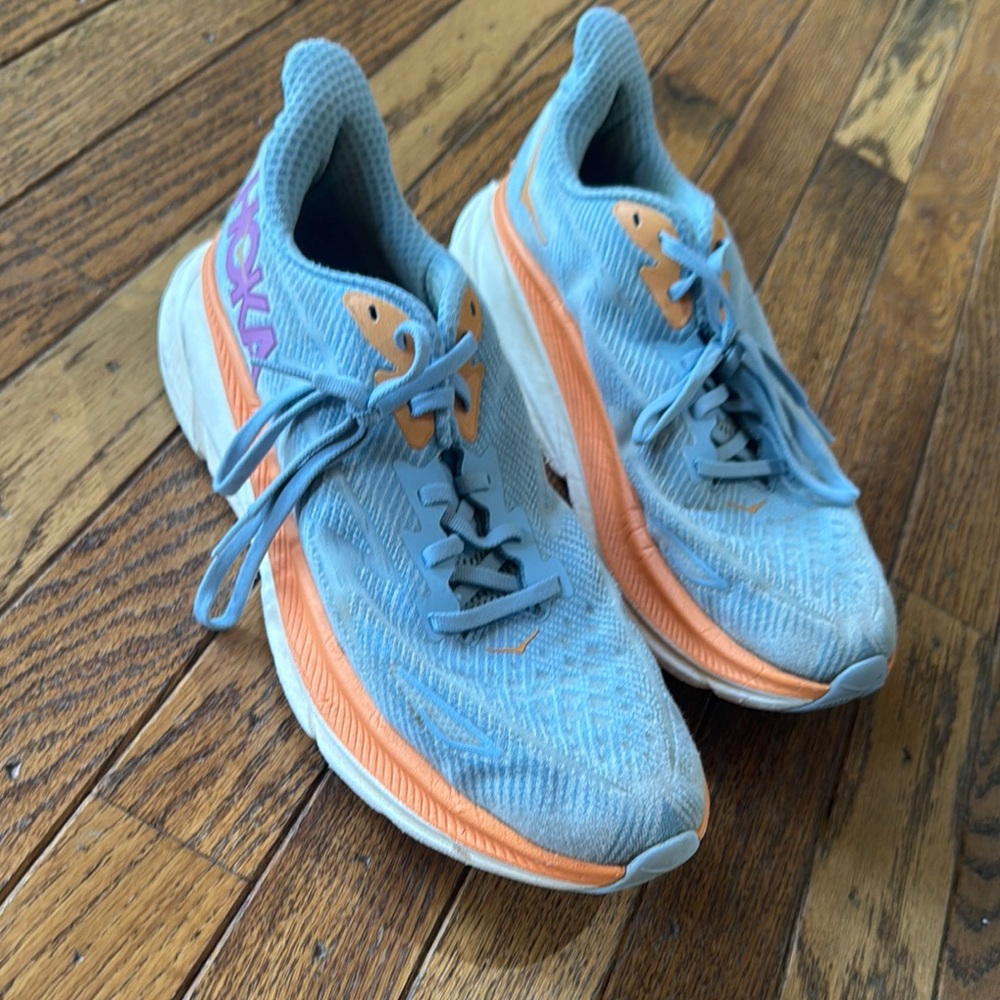 Hoka Sky Blue and Tangerine Athletic Shoes